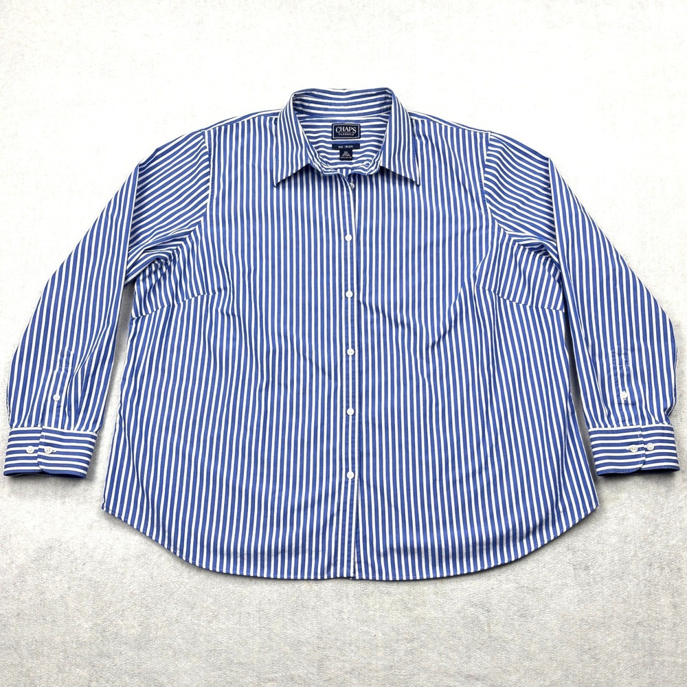Chaps Classics Womens Plus 2X Royal Blue White Striped No Iron Cotton Shirt 2X